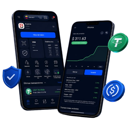 Pantalla de Buyesia Pay mostrando operaciones con stablecoins