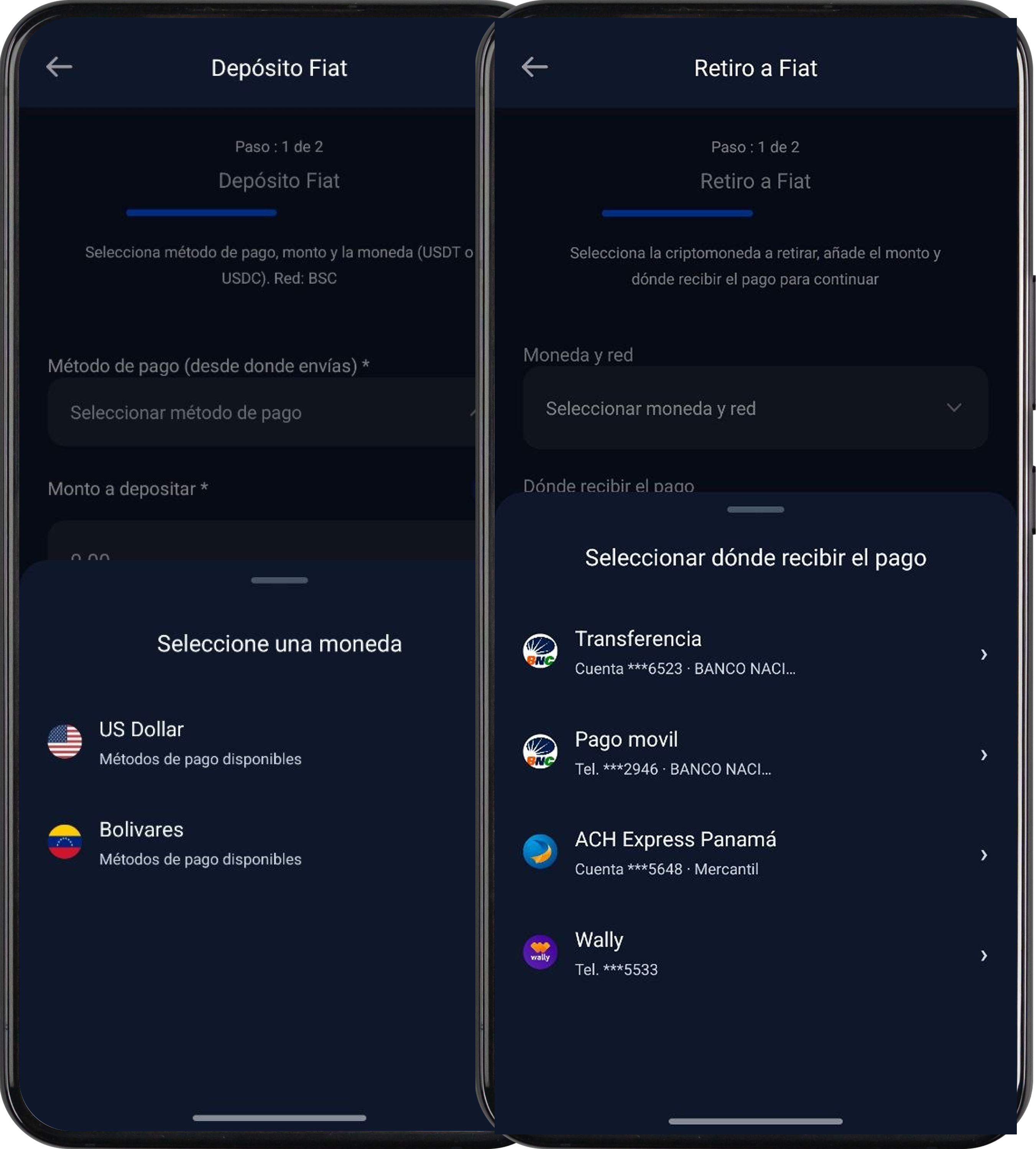 Visual de Depósitos y retiros fiat