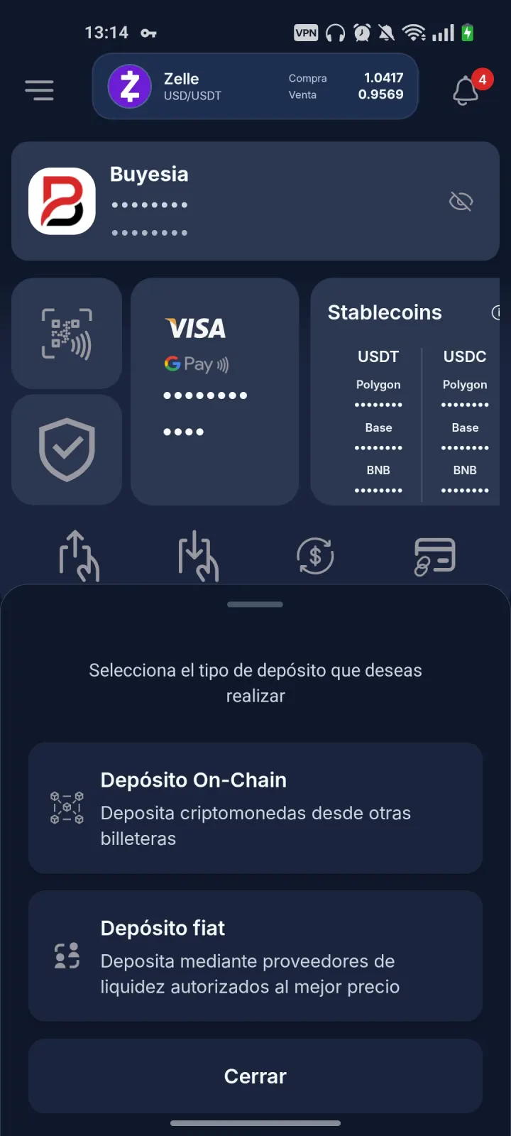 Pantalla principal de Buyesia Pay con opción para depositar dinero fiat
