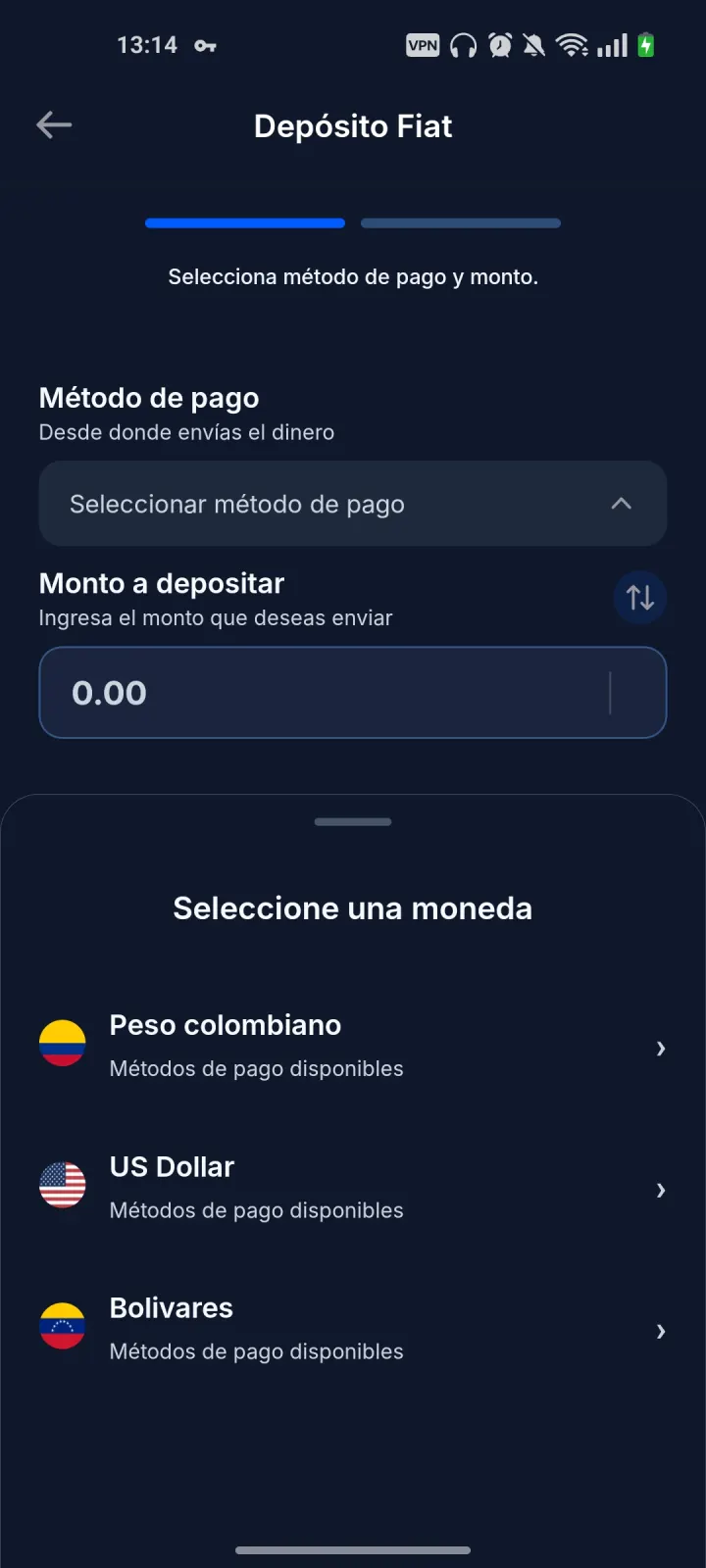 Selección de moneda fiat y método de pago en Buyesia Pay