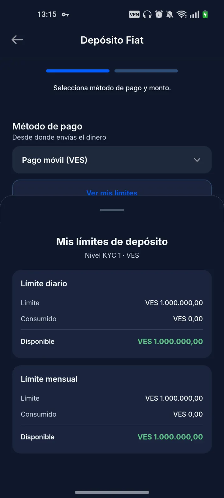 Formulario para indicar monto de depósito fiat en Buyesia Pay