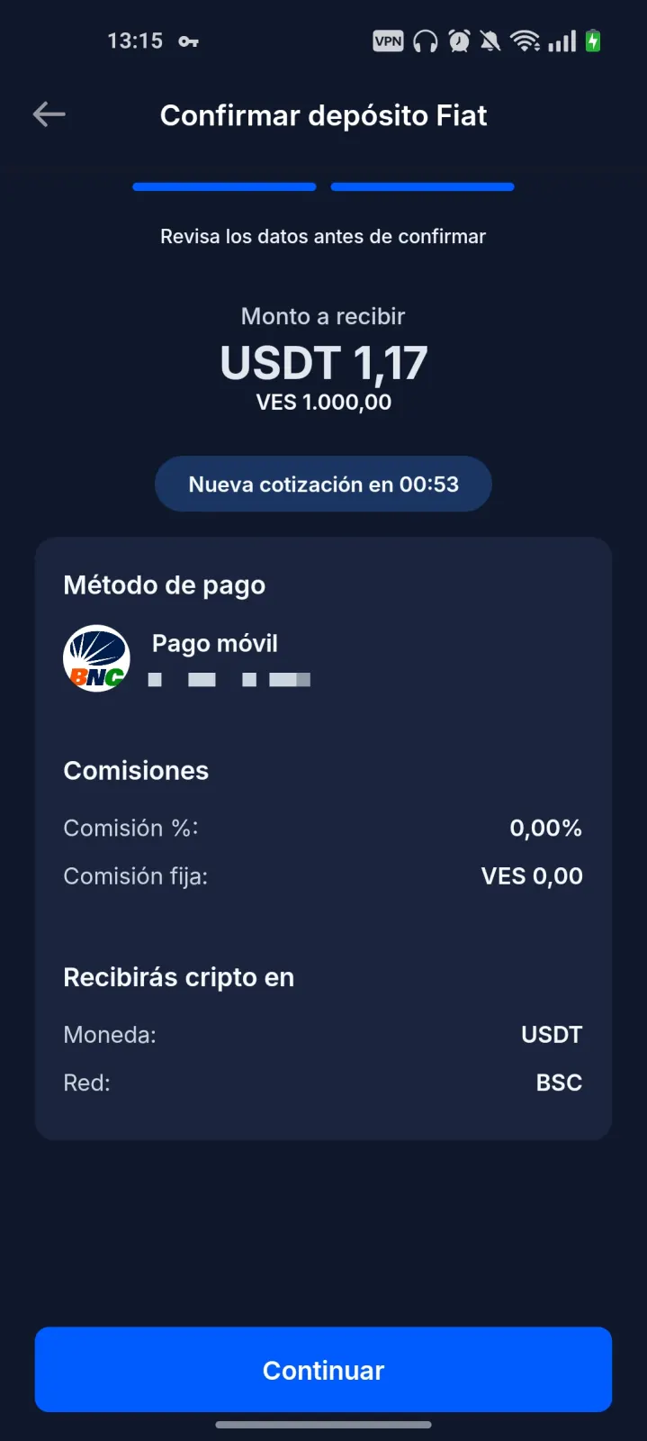Pantalla de confirmación de depósito fiat en Buyesia Pay