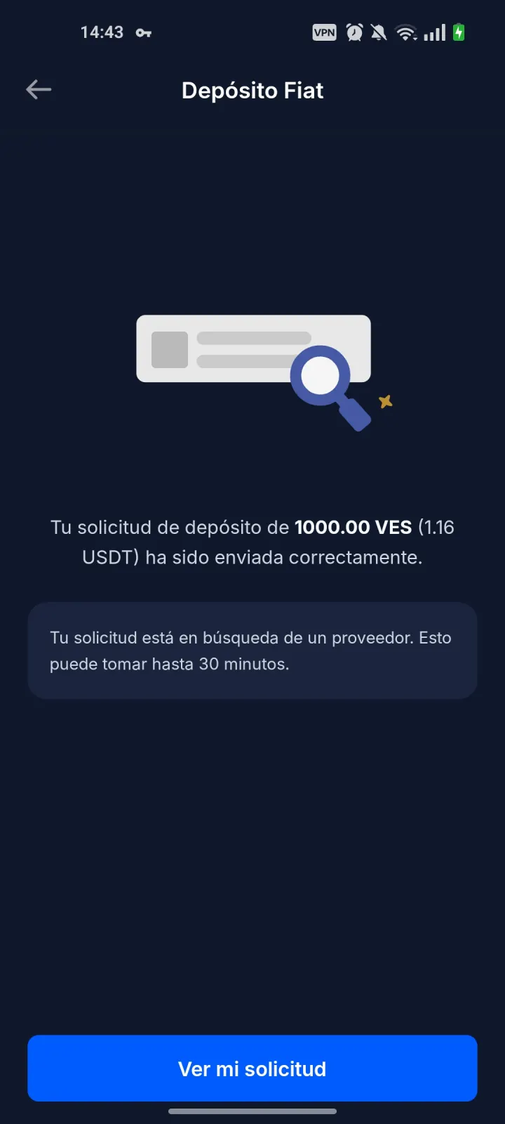 Estado de espera de proveedor para depósito fiat en Buyesia Pay