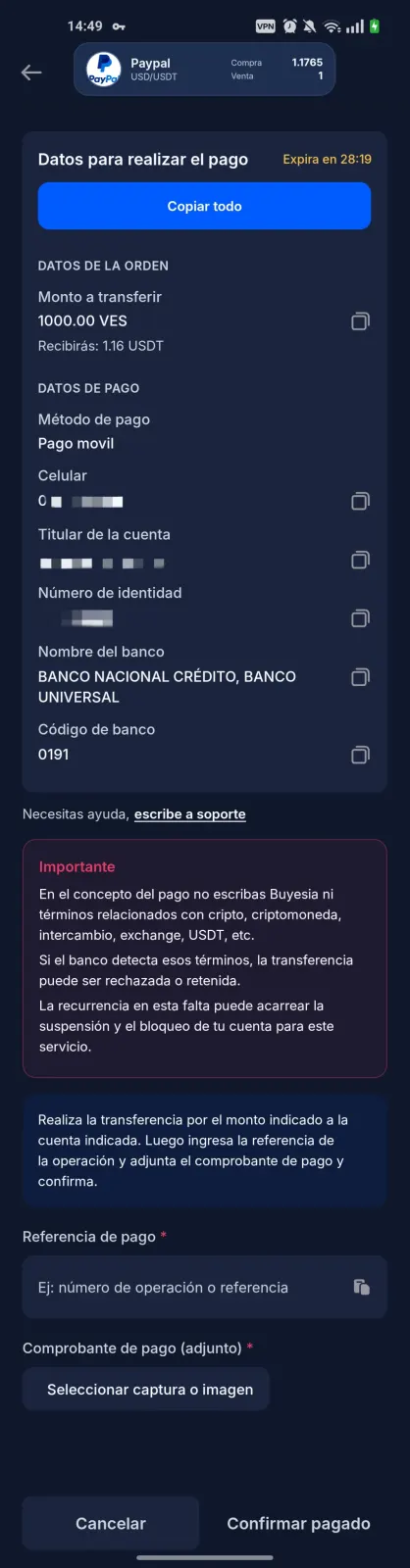 Ingreso de referencia bancaria en depósito fiat de Buyesia Pay