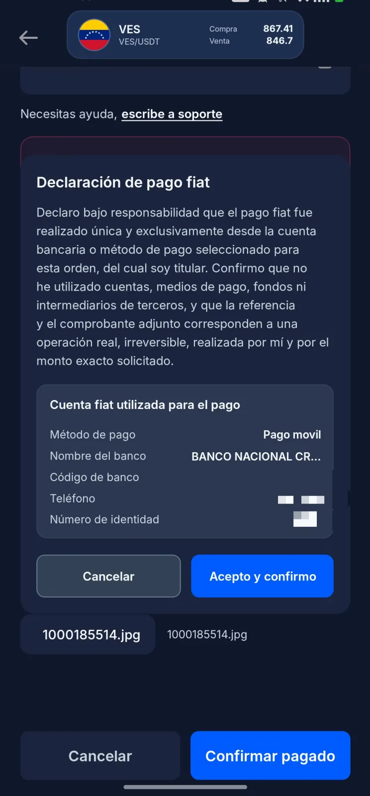 Carga de comprobante de pago en Buyesia Pay