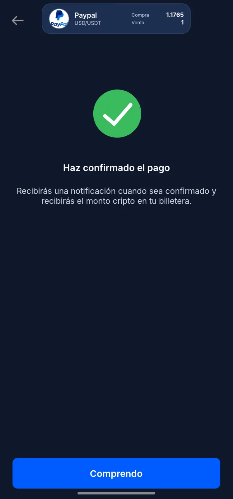 Confirmación de pago realizado en Buyesia Pay