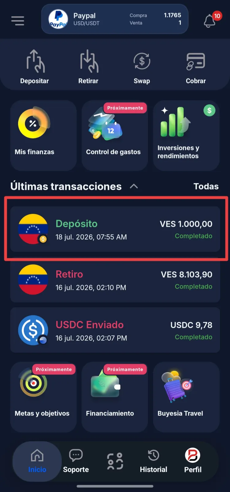 Depósito fiat completado y USDT recibido en Buyesia Pay