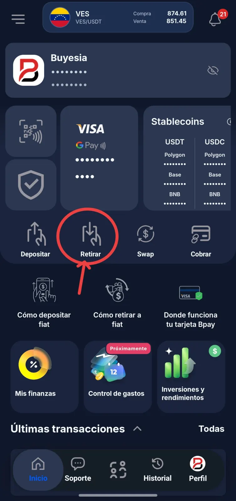 Pantalla principal de Buyesia Pay con opci&oacute;n Retirar o Pagos