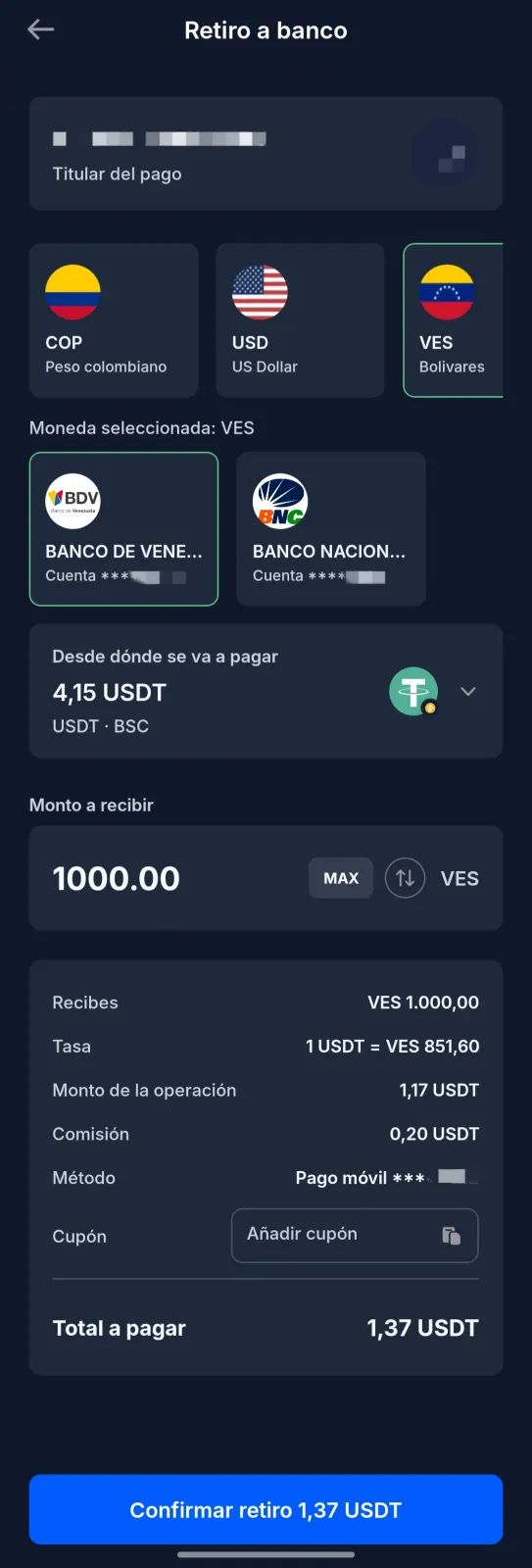 Pantalla de retiro a banco en Buyesia Pay con moneda, m&eacute;todo, monto, tasa, comisi&oacute;n, cup&oacute;n y total a pagar