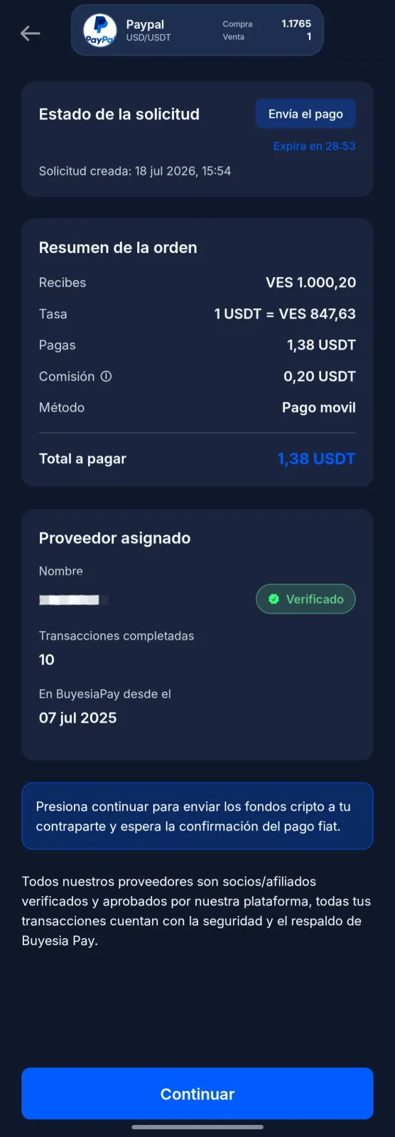 Resumen de orden de retiro fiat y proveedor verificado en Buyesia Pay