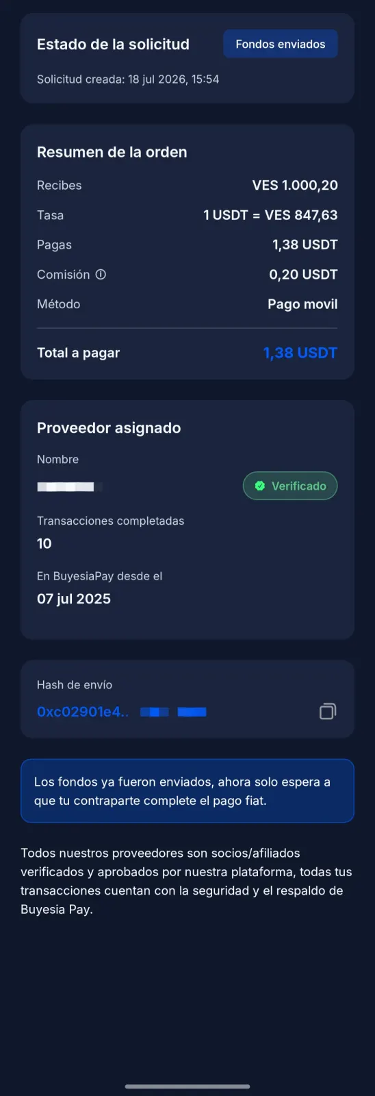 Confirmaci&oacute;n de transacci&oacute;n cripto para retiro fiat en Buyesia Pay