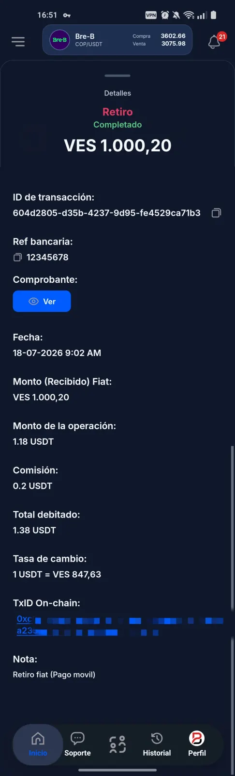 Detalle de transacci&oacute;n de retiro fiat completado en Buyesia Pay